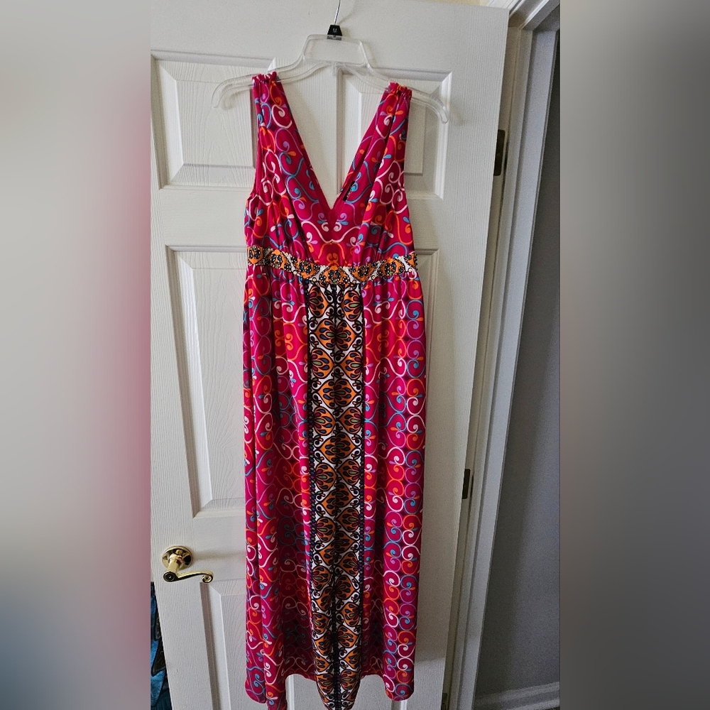 Nicole by Nicole Miller Beaded Pink and Orange Multi Color Patterned Maxi Dress